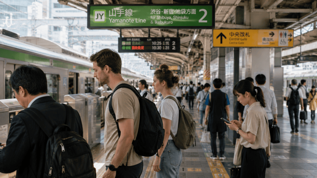 Travelers following local etiquette while exploring Japan