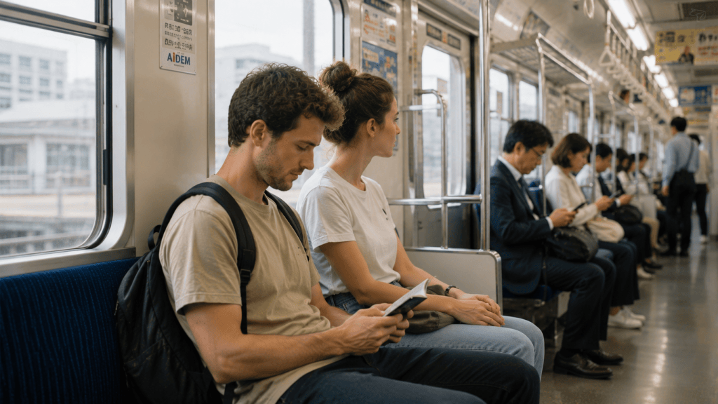 Travelers following train etiquette while riding public transportation in Japan