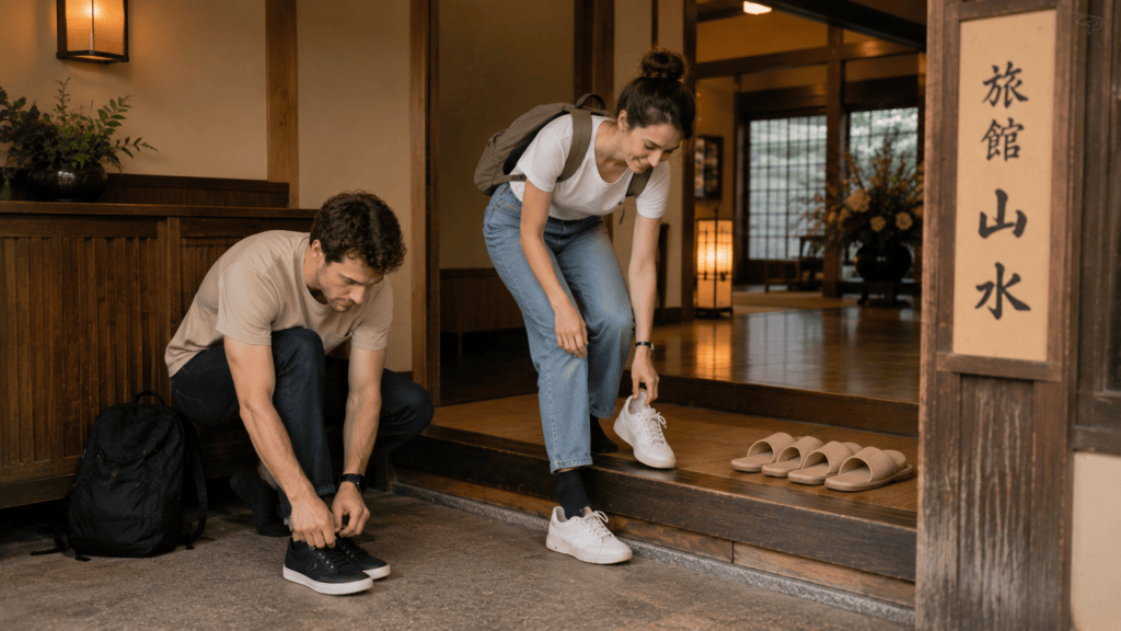 Traveler removing shoes before entering a traditional Japanese accommodation
