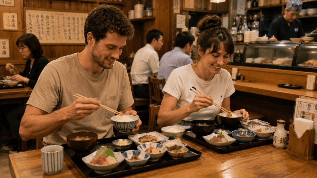 Travelers following dining etiquette while enjoying a meal in Japan