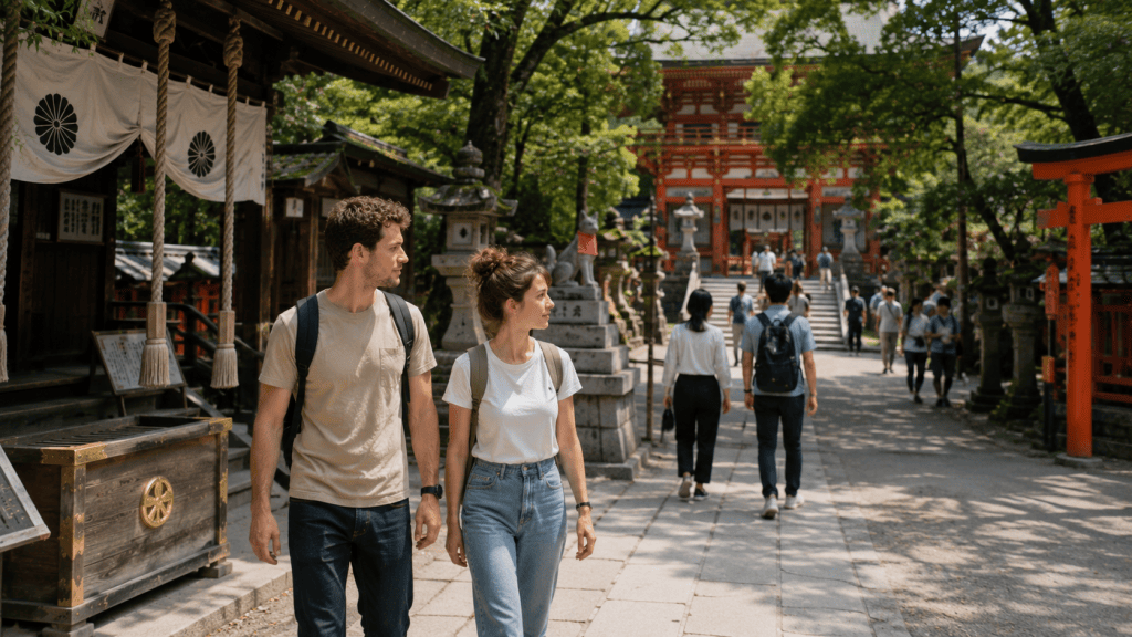 Travelers respectfully visiting a temple or shrine in Japan