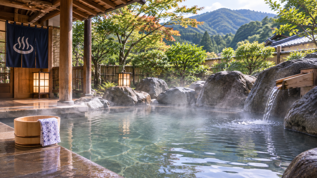 Traditional outdoor onsen surrounded by peaceful scenery in Japan