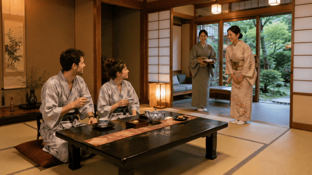 Travelers experiencing a traditional ryokan stay in Japan
