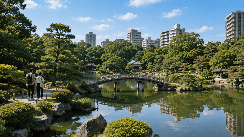 Travelers exploring Shukkeien Garden in Hiroshima, Japan
