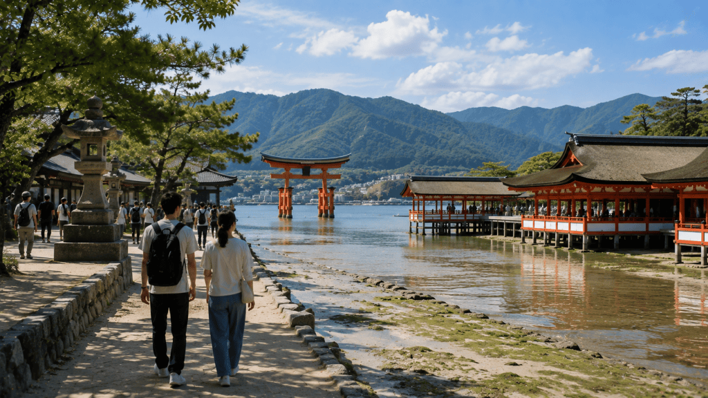 Travelers exploring Miyajima and Itsukushima Shrine near Hiroshima
