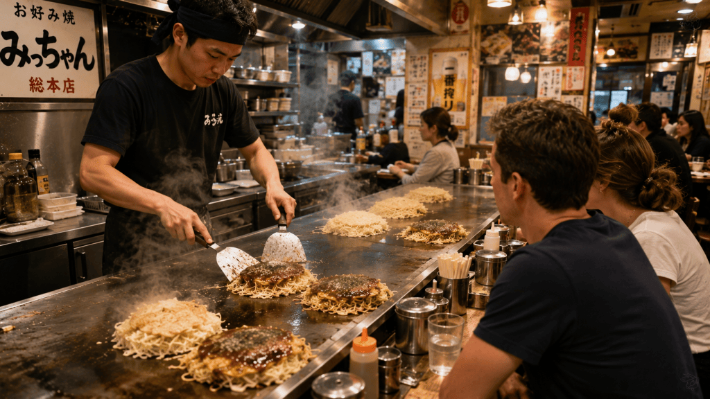 Hiroshima-style okonomiyaki being prepared on a hot griddle