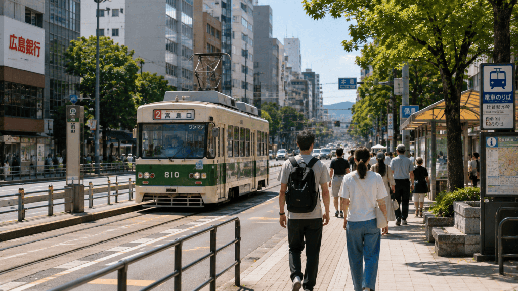 Travelers using a streetcar to explore Hiroshima, Japan