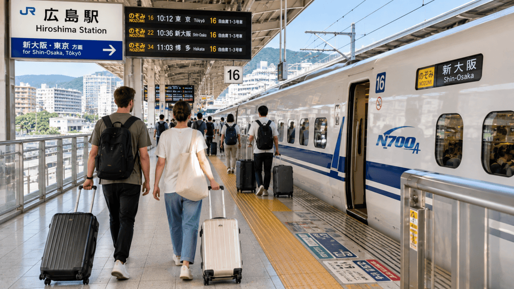 Travelers taking the Shinkansen to Hiroshima, Japan