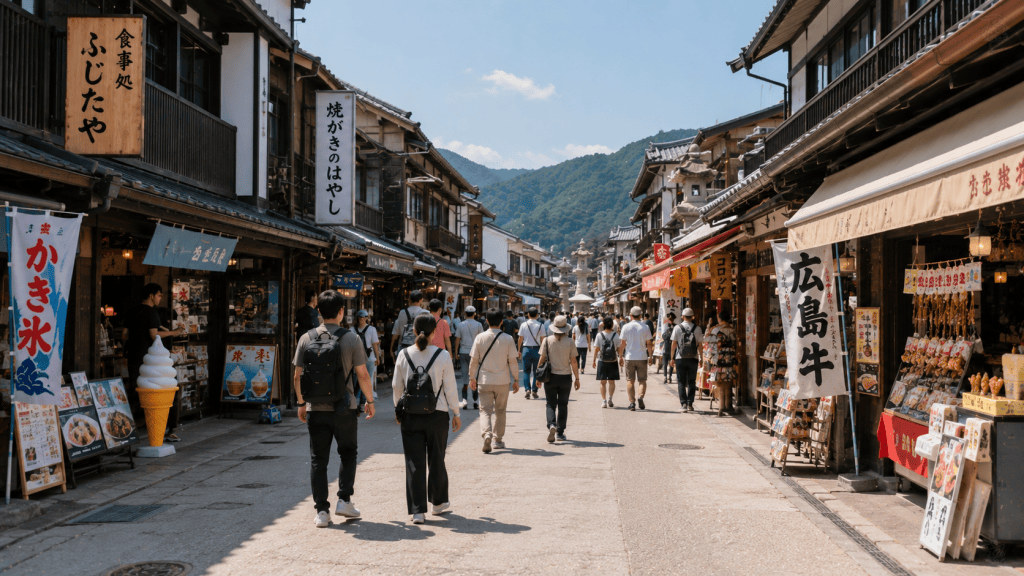 Travelers exploring Omotesando Shopping Street on Miyajima