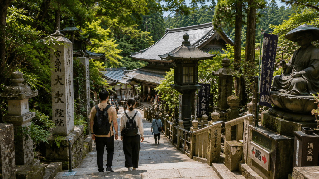 Travelers exploring Daisho-in Temple on Miyajima