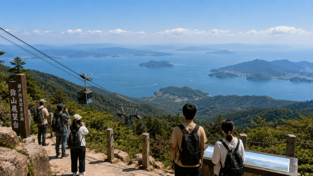 Travelers enjoying views from Mount Misen on Miyajima