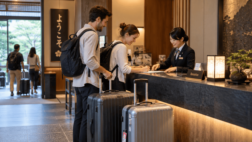 Travelers sending luggage between hotels during a trip to Japan