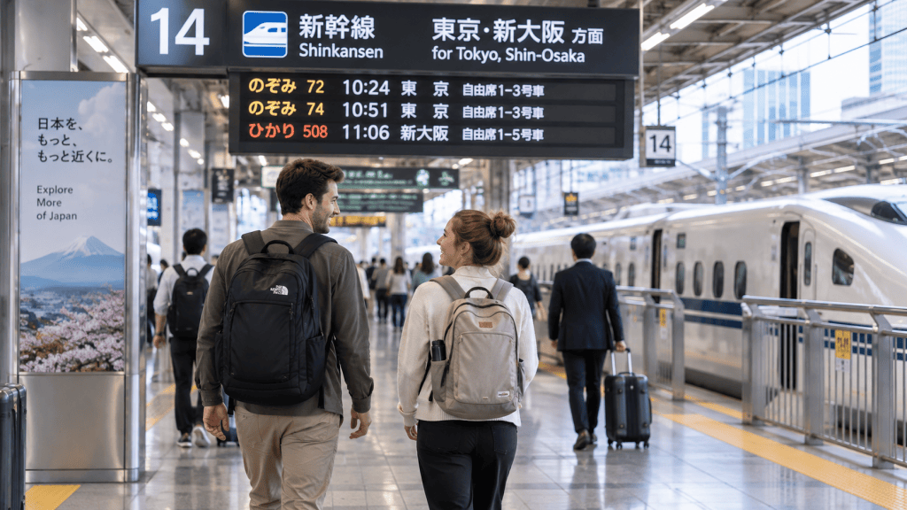 Travelers moving through a train station with light luggage in Japan