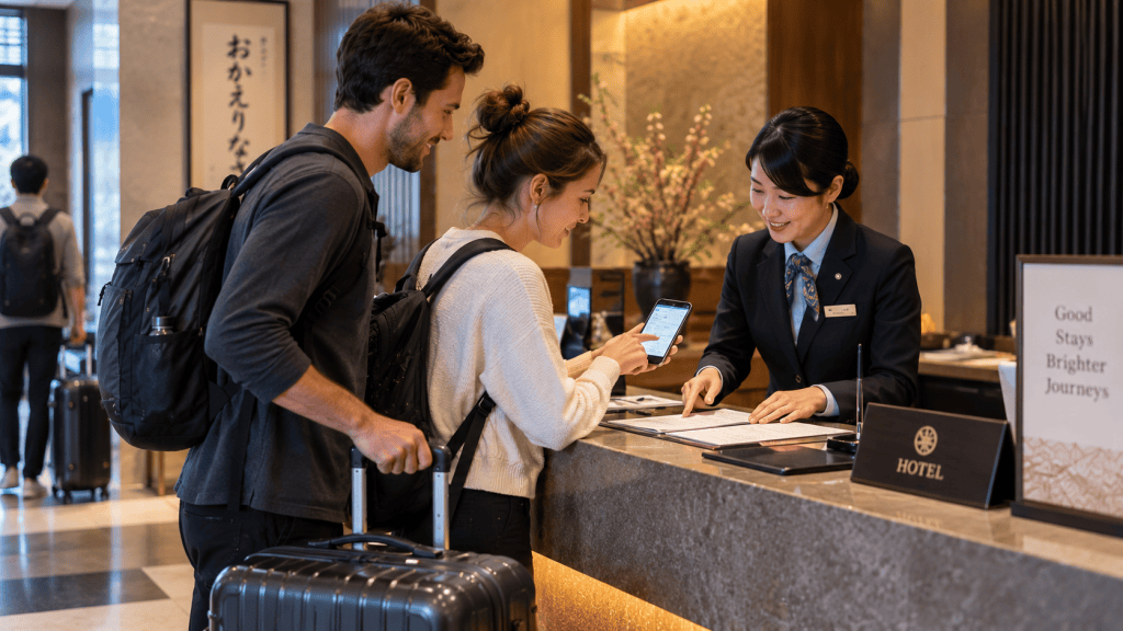 Traveler arranging luggage delivery at a hotel front desk in Japan