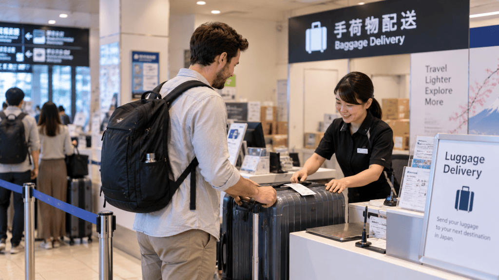 Traveler sending a suitcase from a luggage delivery counter in Japan