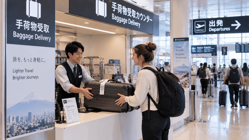 Traveler collecting forwarded luggage at an airport in Japan