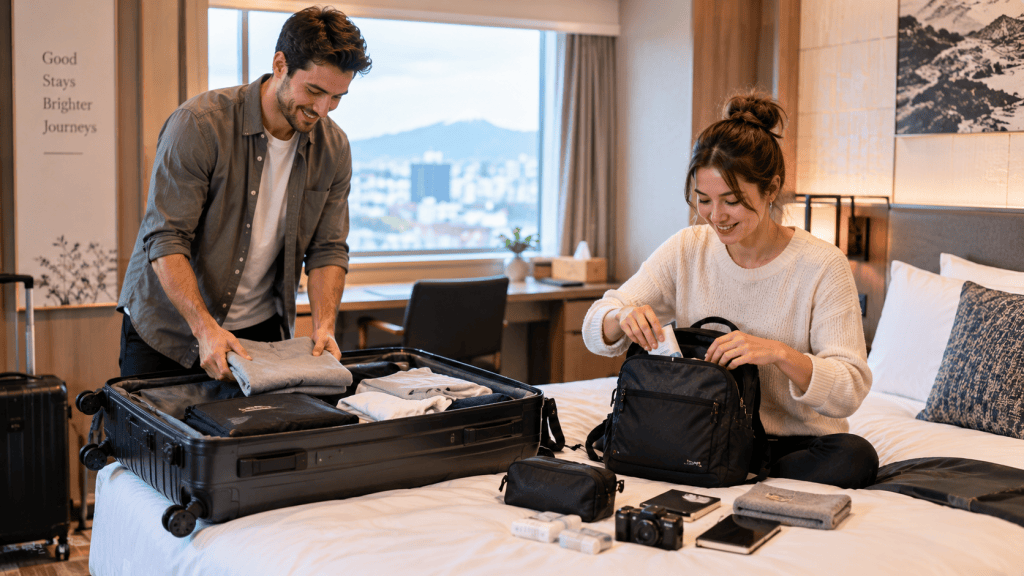 Traveler preparing a small overnight bag before forwarding luggage in Japan