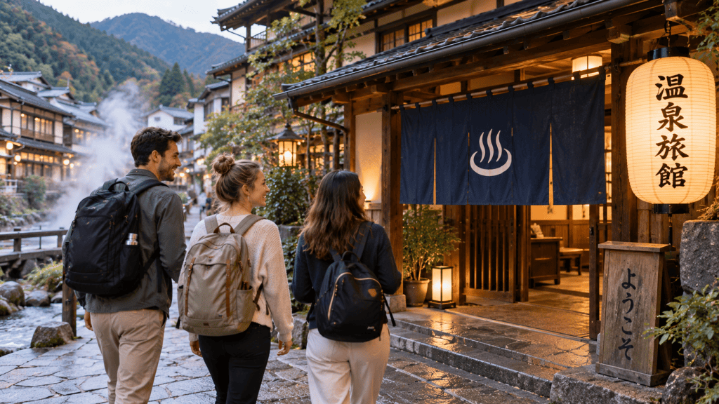 Travelers visiting a traditional onsen in Japan