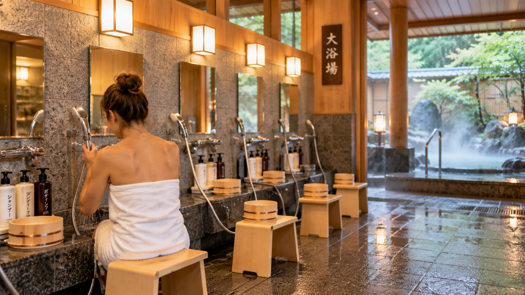 Washing area at a Japanese onsen before entering the hot spring bath