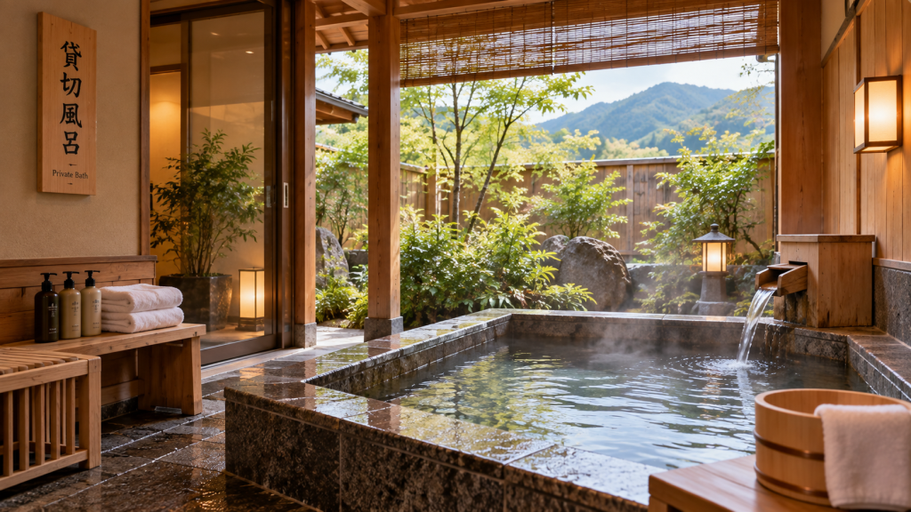 Private onsen bath at a traditional Japanese ryokan