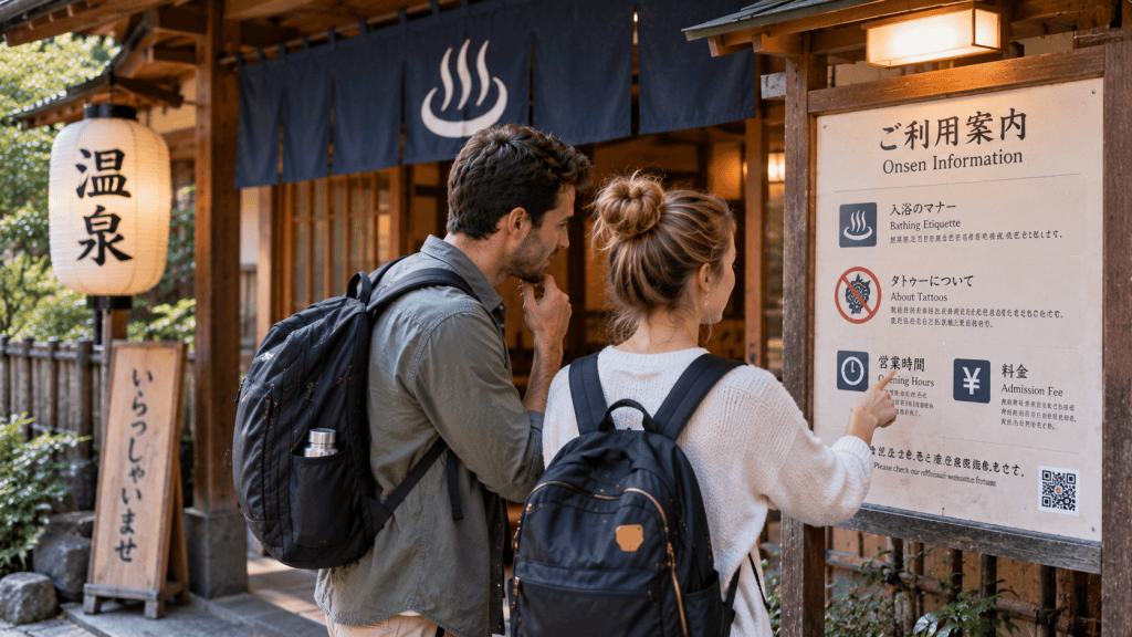 Traveler checking onsen rules before entering a hot spring in Japan