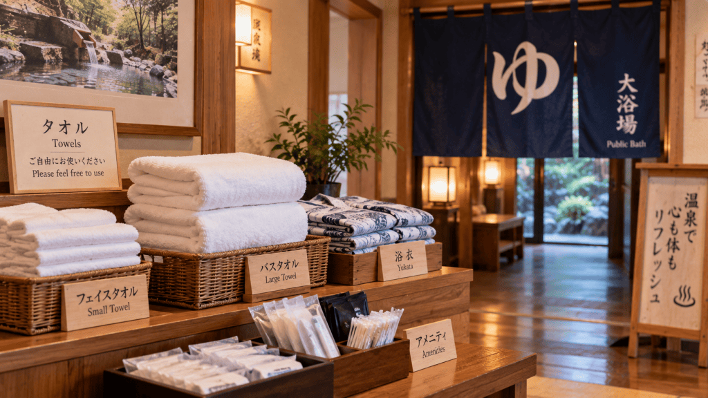 Towels and bathing items prepared for an onsen experience in Japan