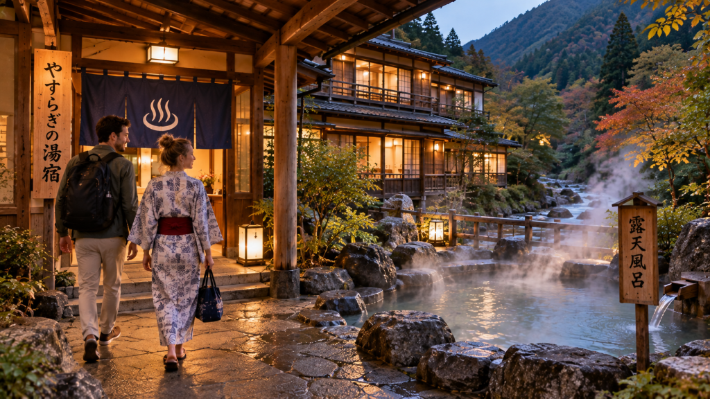 Traditional Japanese ryokan with onsen surrounded by nature