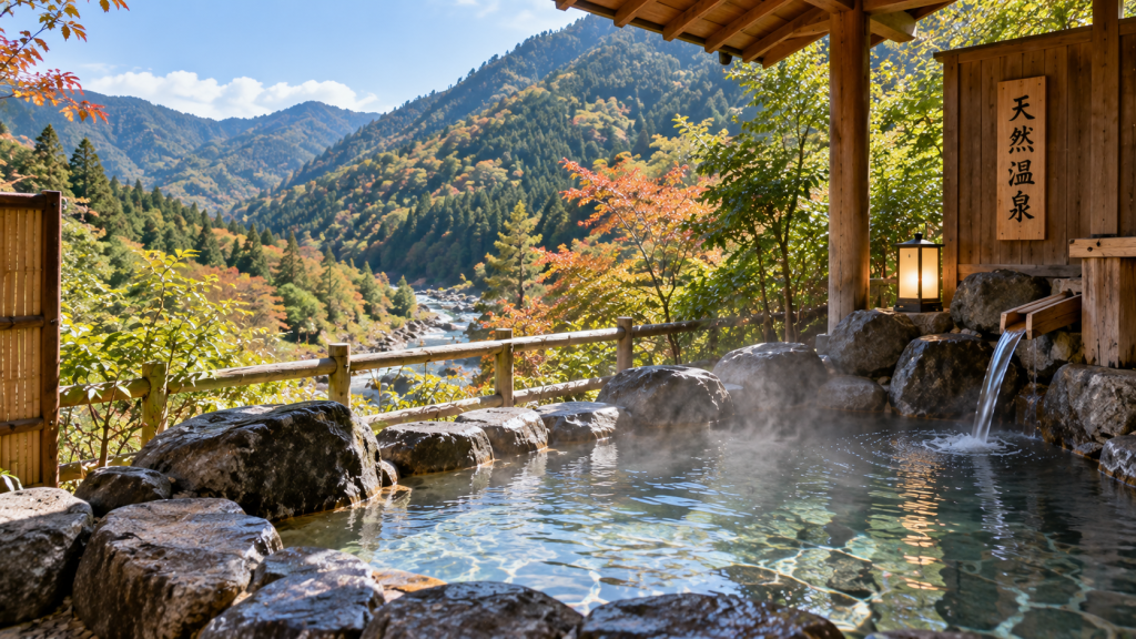 Outdoor rotenburo onsen surrounded by natural scenery in Japan
