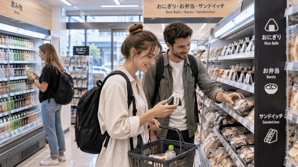 Travelers shopping at a convenience store during a trip to Japan