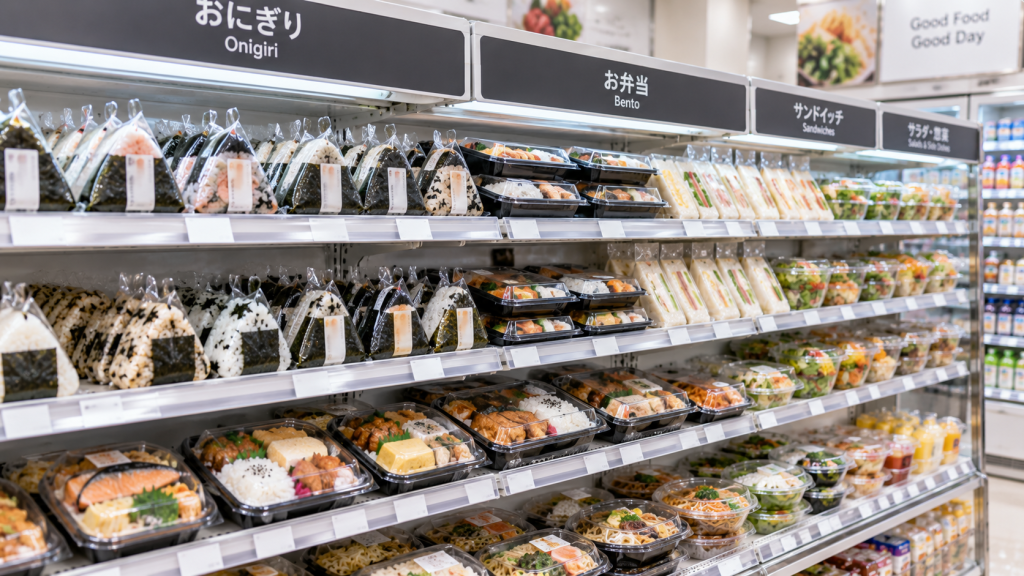 Onigiri, bento and other food at a Japanese convenience store