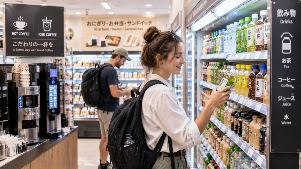 Traveler choosing drinks and coffee at a convenience store in Japan