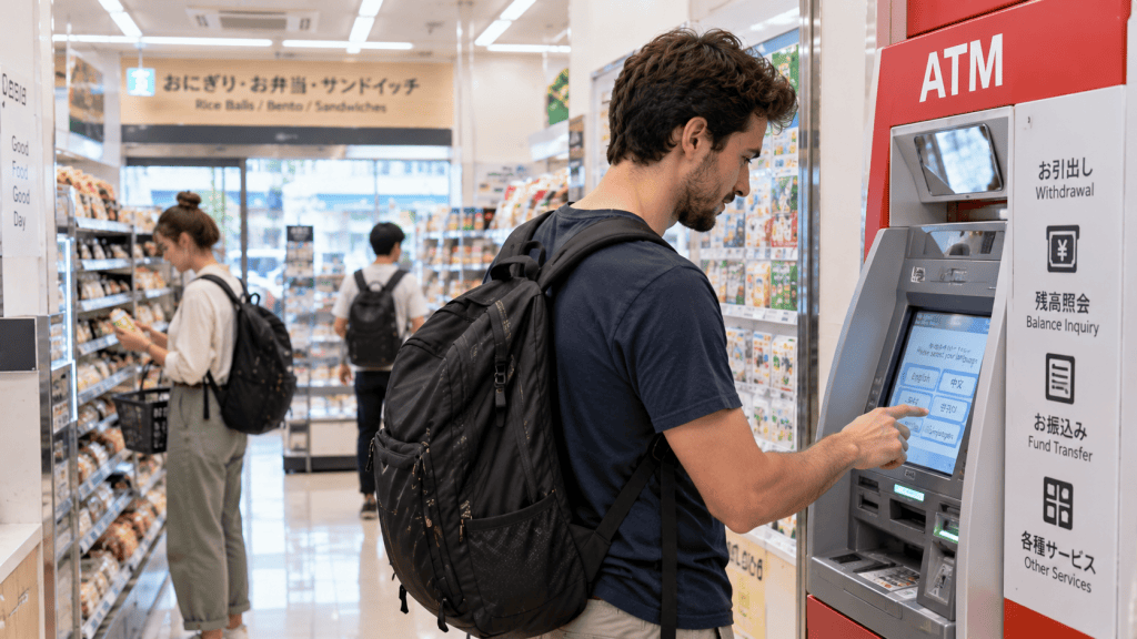 Traveler using an ATM at a convenience store in Japan