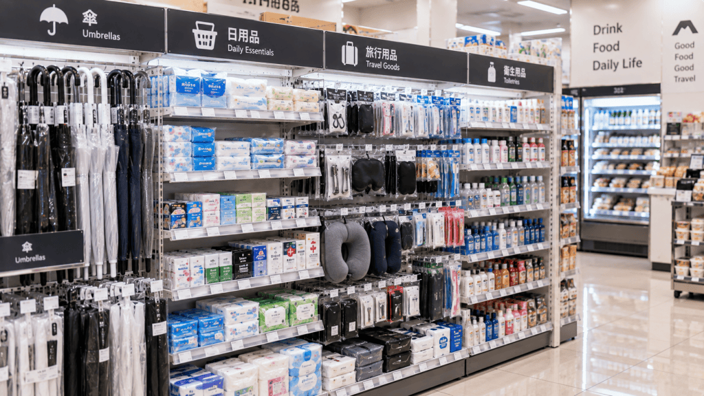Everyday travel essentials sold at a convenience store in Japan