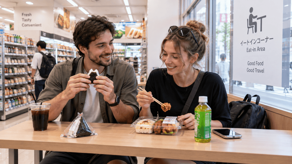 Travelers enjoying convenience store food in the store during a trip to Japan