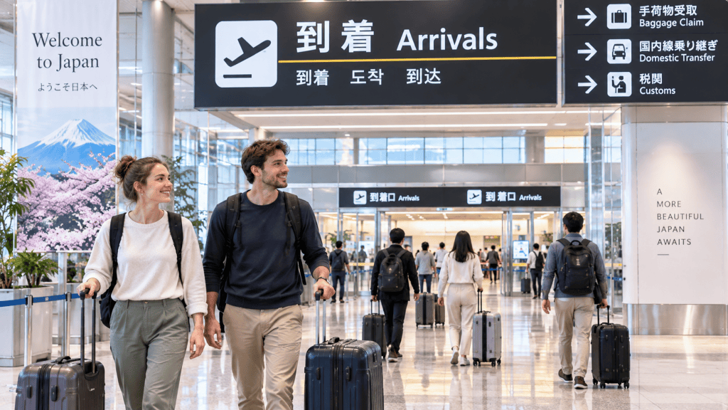 Travelers arriving at an international airport in Japan