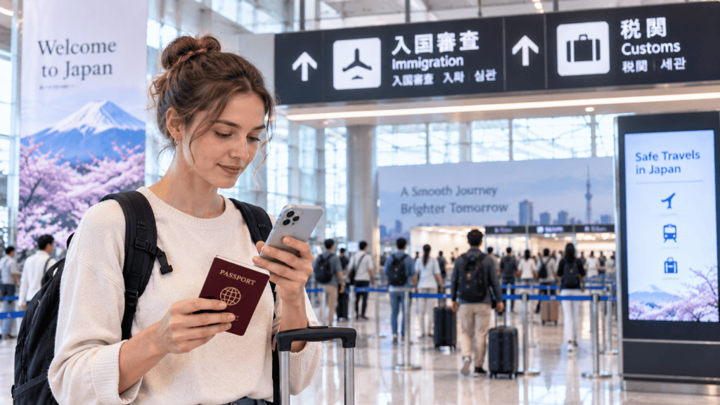 Traveler preparing arrival information on a smartphone at an airport in Japan