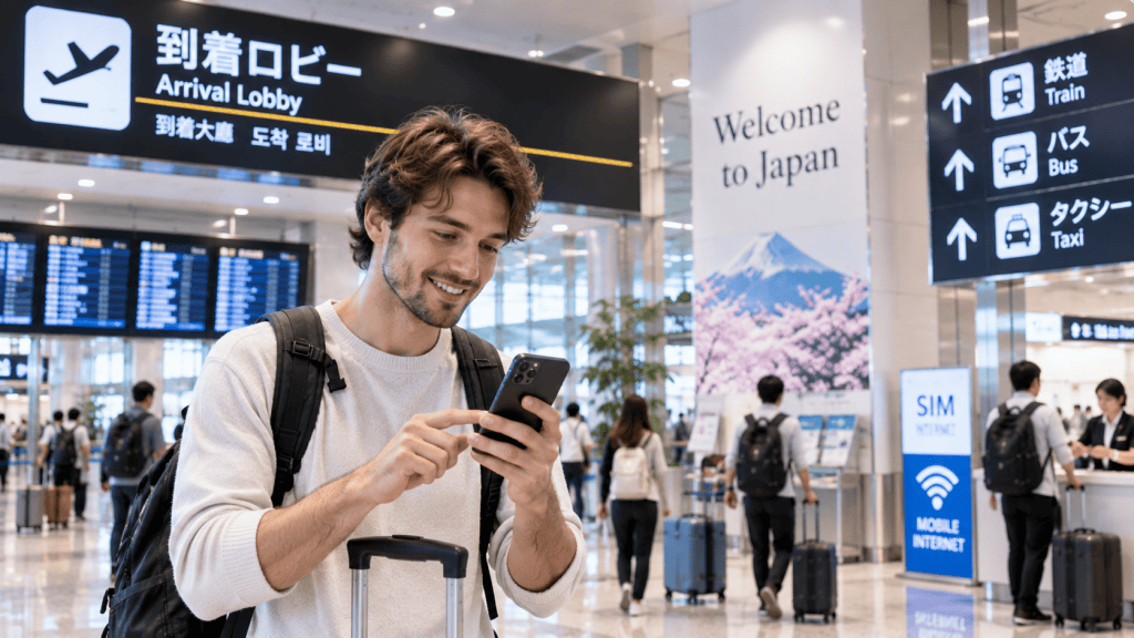 Traveler using a smartphone after arriving at an airport in Japan