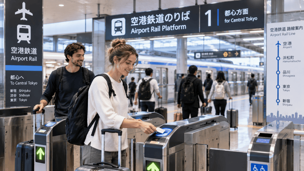 Traveler using an IC card at a train station after arriving in Japan