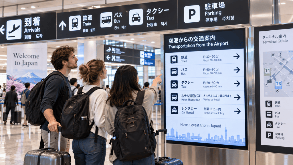 Travelers checking transportation options from an airport in Japan