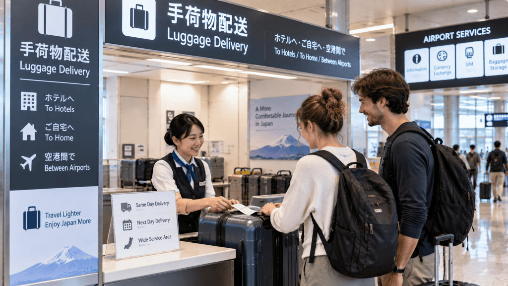 Traveler arranging luggage delivery after arriving at an airport in Japan