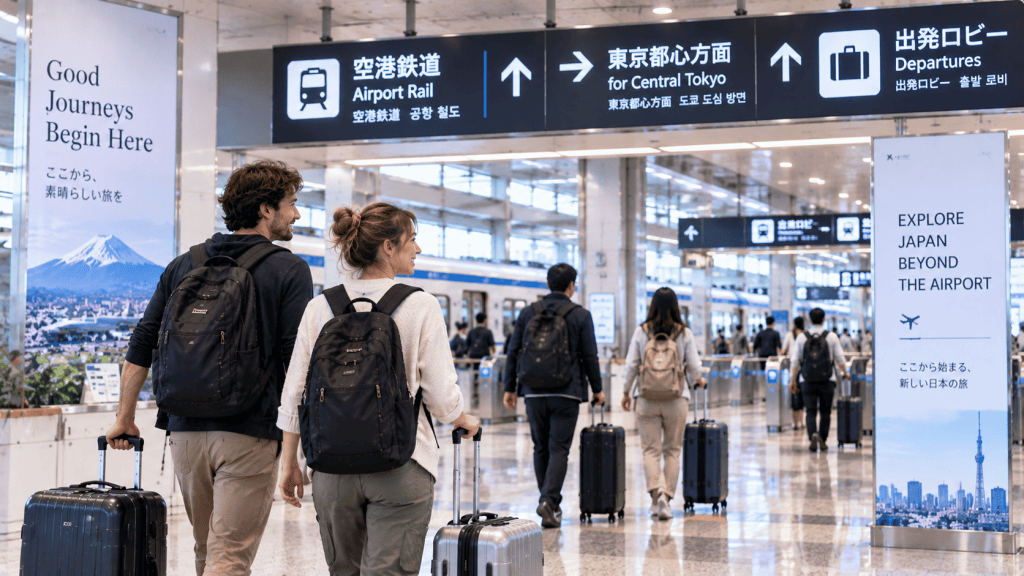 Travelers leaving the airport to begin their trip in Japan