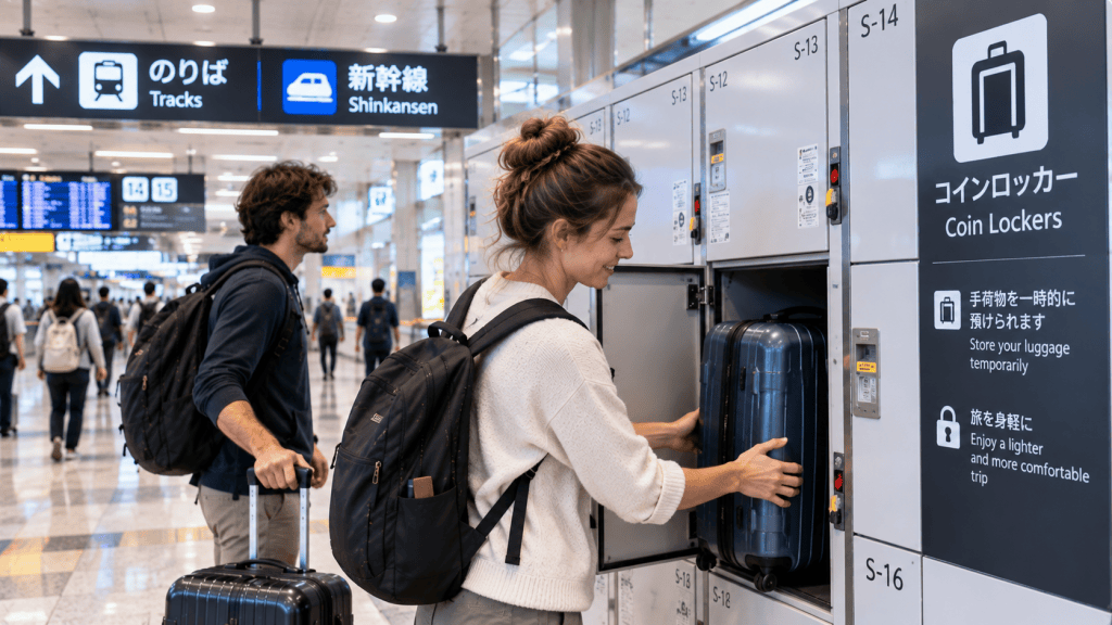 Traveler storing luggage in coin lockers at a train station in Japan
