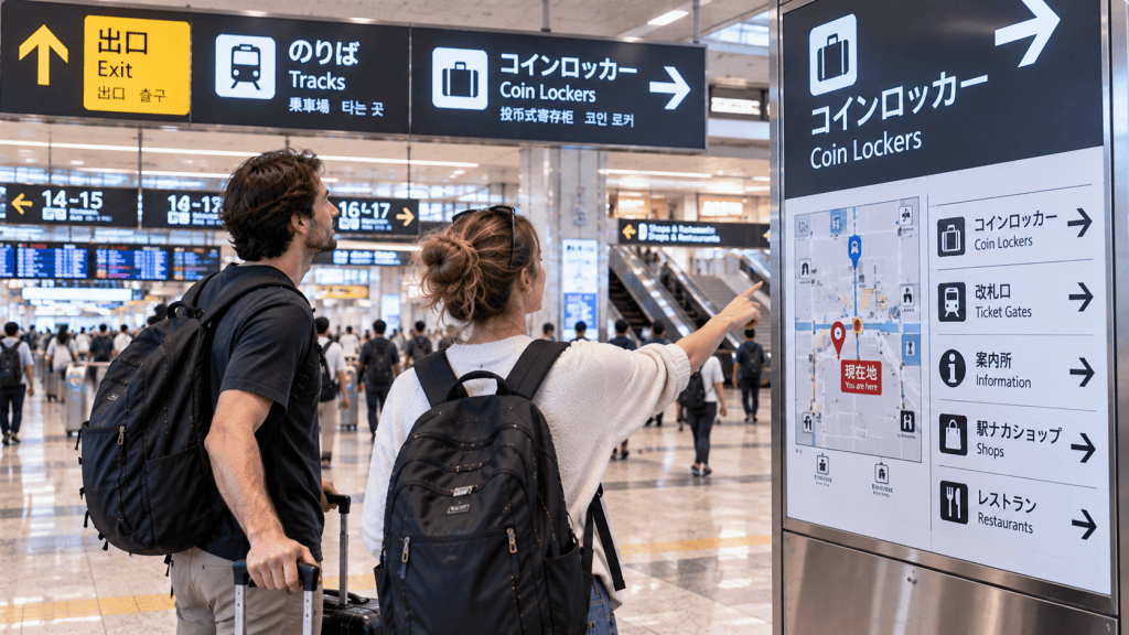 Traveler looking for coin lockers at a train station in Japan