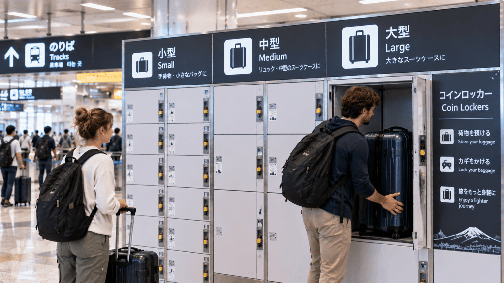 Different sizes of coin lockers for luggage at a station in Japan