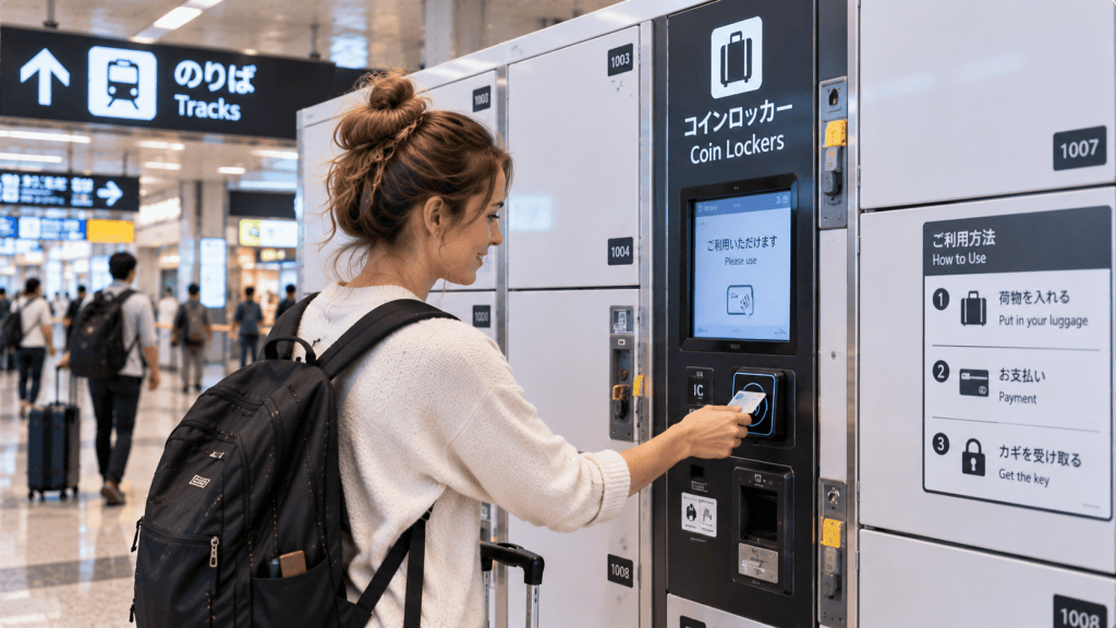 Traveler using an IC card to pay for a coin locker in Japan