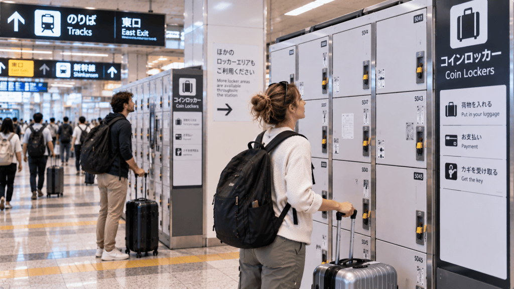 Traveler looking for an available coin locker at a busy station in Japan