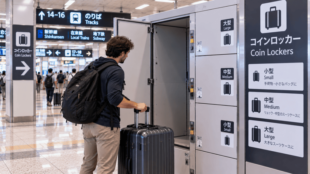 Traveler checking a large coin locker for a suitcase at a station in Japan