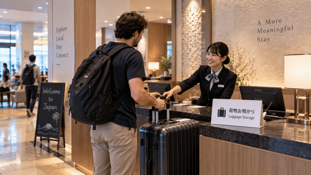 Traveler leaving luggage at a hotel during a trip to Japan