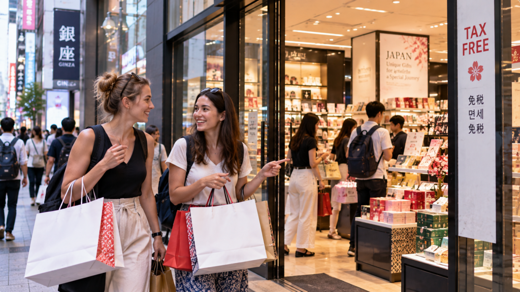 International travelers shopping at tax-free stores during a trip to Japan