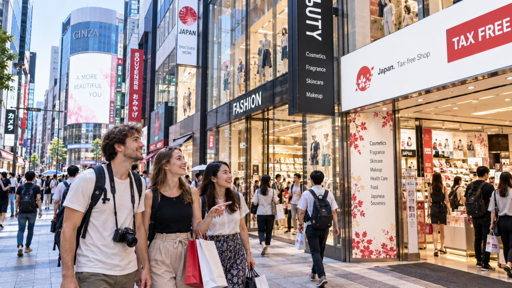Travelers exploring tax-free stores in a shopping district in Japan